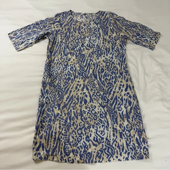 Elegant Blue and White Women's Linen Short Sleeve Dress - Picture 2 of 10